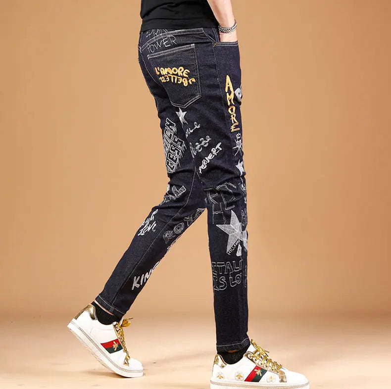 Summer New Embroidered Jeans Men Trendy Brand Korean Version Slim Fit Small Feet Trendy Casual Versatile Stretch Pants