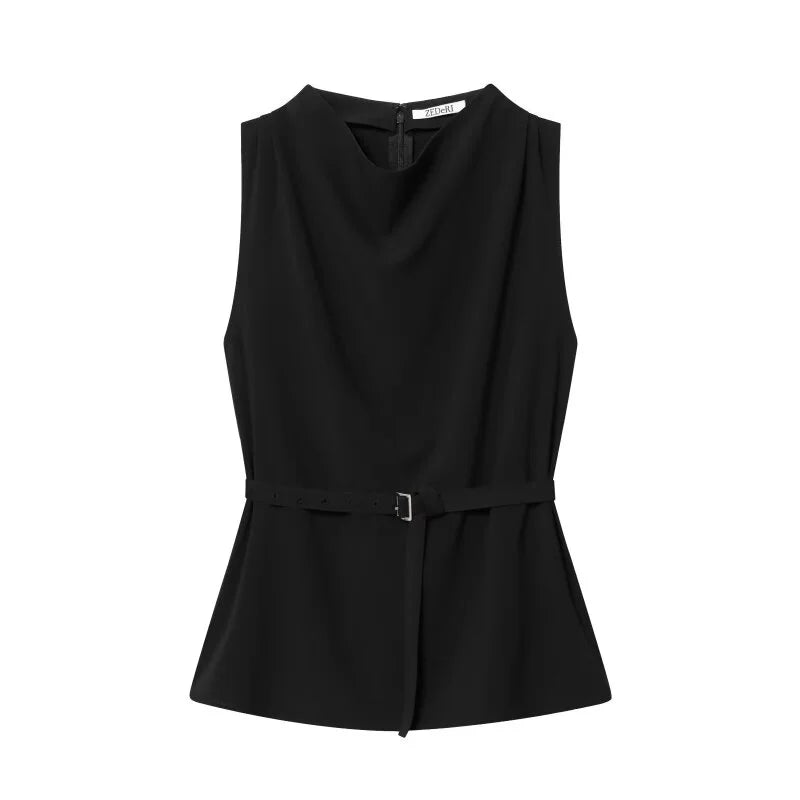 Elegant Black Sleeveless Blouse for Women with Belt Summer Casual Tank Top Back Zipper Work Office Wear Casual Daily Outfits Top
