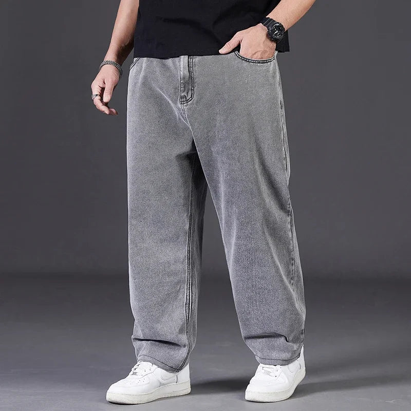Autumn Thin Denim Jeans Men Plus Size Loose Straight Leg Sport Pants Fat Guy Elastic Long Trendy Trousers Black Grey Blue Jeans