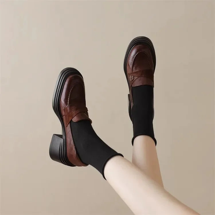 Women High Heel Shoes 2025 Retro Spring Autumn Performance Causal Women's Loafers Fashion Versatile Pumps Ladies Leather Shoes