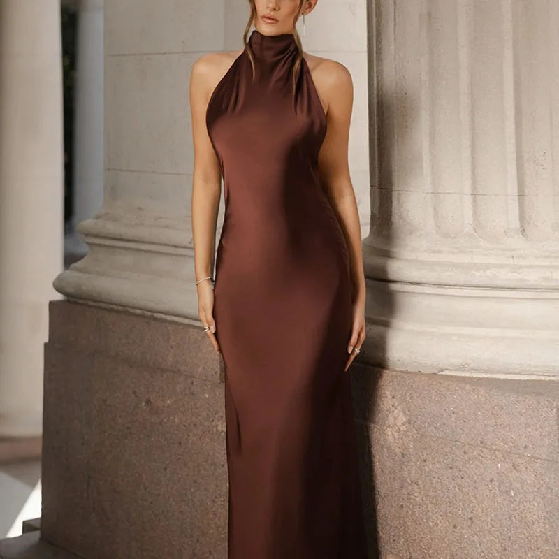 Trendy Woman Clothes 2025 Spring Sexy Solid Satin Slim Bodycon Long Dress New Summer Halter Ribbon Backless Hollow Evening Dress