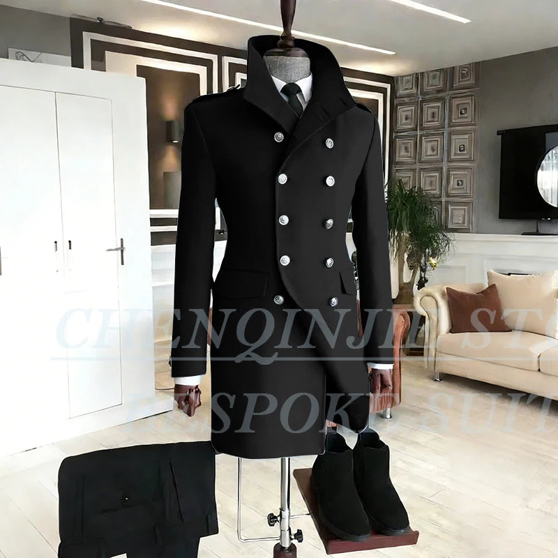 Casual Men's Suits 2 Piece Jacket Pants Grey Double Breasted Stand Lapel Luxury Blazer