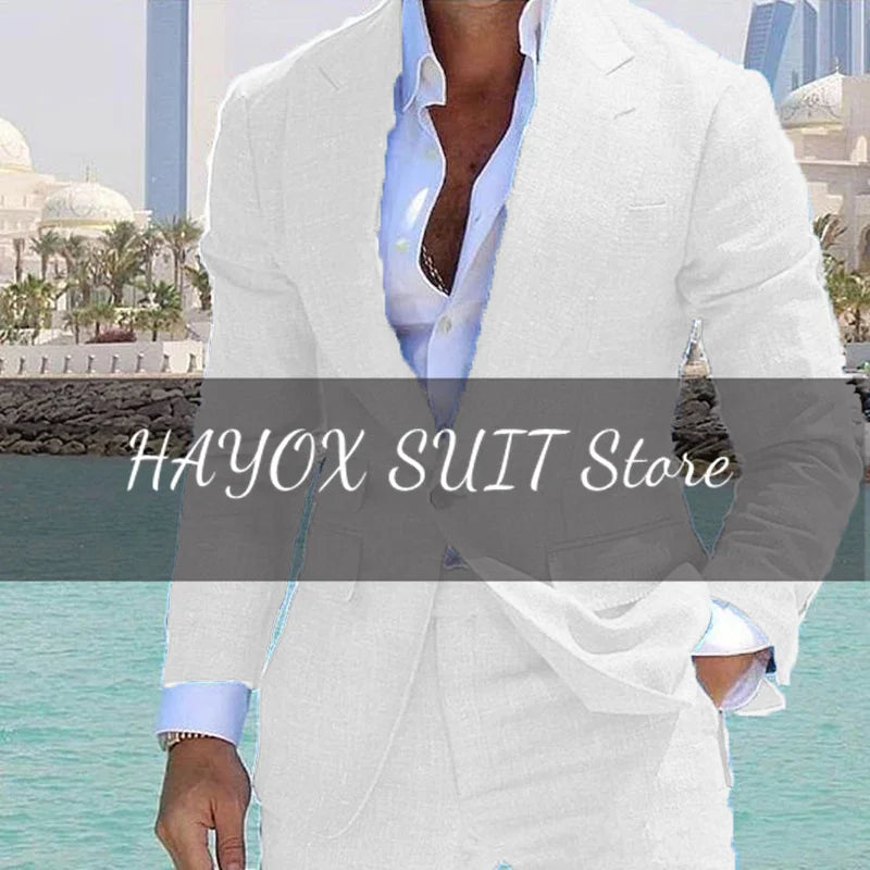 Men's Suit 2 Piece Set Linen Lapel Slim Fit Single Button Casual Comfortable Suit Formal Groom Best Man Dress Elegant and Stylis