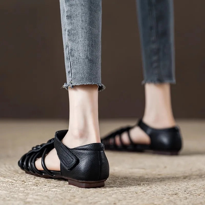 Genuine  Sandals Women Handmade Woven Literary Style Hollow Flat Roman Sandals Ladies Summer Shoes Sandalias