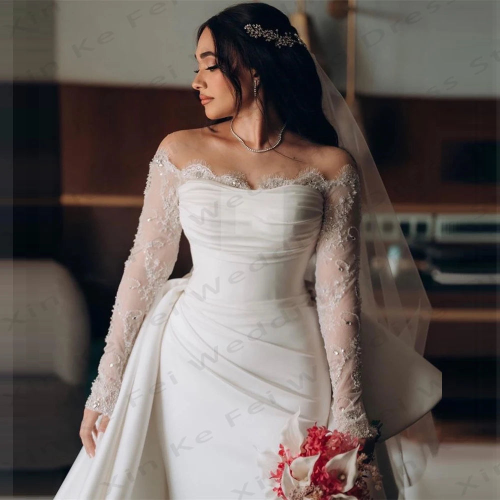 Elegant Women's Satin Bridal Dresses Bohemian Mermaid Lace Long sleeved Princess Wedding Gowns Formal Beach Party 2024 Vestidos