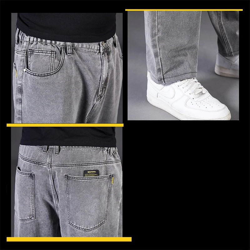 Autumn Thin Denim Jeans Men Plus Size Loose Straight Leg Sport Pants Fat Guy Elastic Long Trendy Trousers Black Grey Blue Jeans