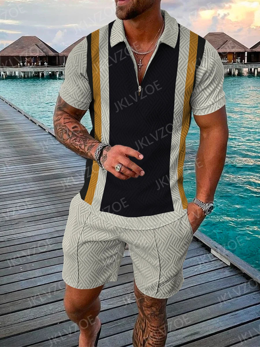 Men's Polo Tracksuit Set Summer Fashion Men Short Sleeve Zipper Polo Shirt&Shorts Set for Men Casual Streetwear 2 Piece Suit