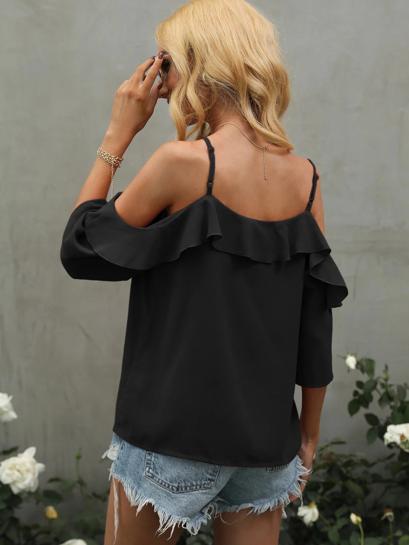 Womens Blouse Cold Shoulder Ruffle V Neck Strap Blouse Ruffle Shirt Loose Fit Casual Chic Apparel Tops Spring Summer Daily Shirt