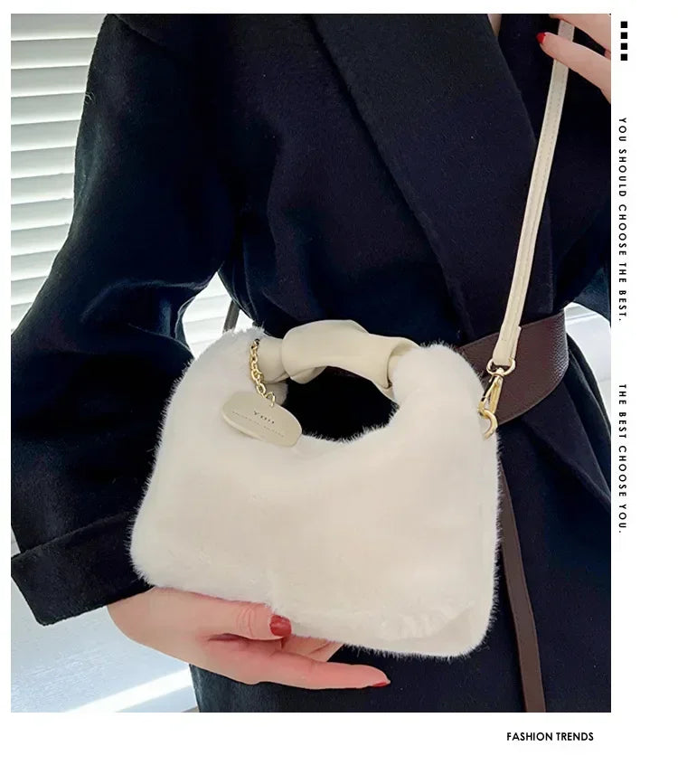 Women Faux Fur Plush Handbags Ruched Handle Small Lady Shoulder Crossbody Bag Casual Tote Half-Moon Hobos Winter Bags for Women