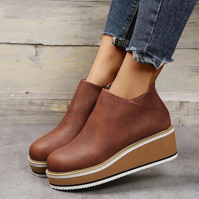 2025 New Women's Boots Designer Wedge Platform Boot Fashion Zipper Ankle Boots for Women Pu Leather Casual Boots Botas De Mujer
