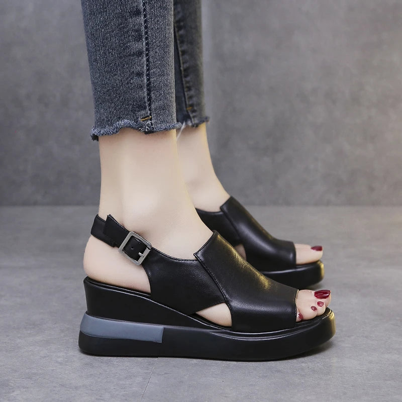 Summer Wedge Shoes for Women Sandals Solid Color Open Toe High Heels Casual Ladies Buckle Strap Fashion Female Sandalias Mujer