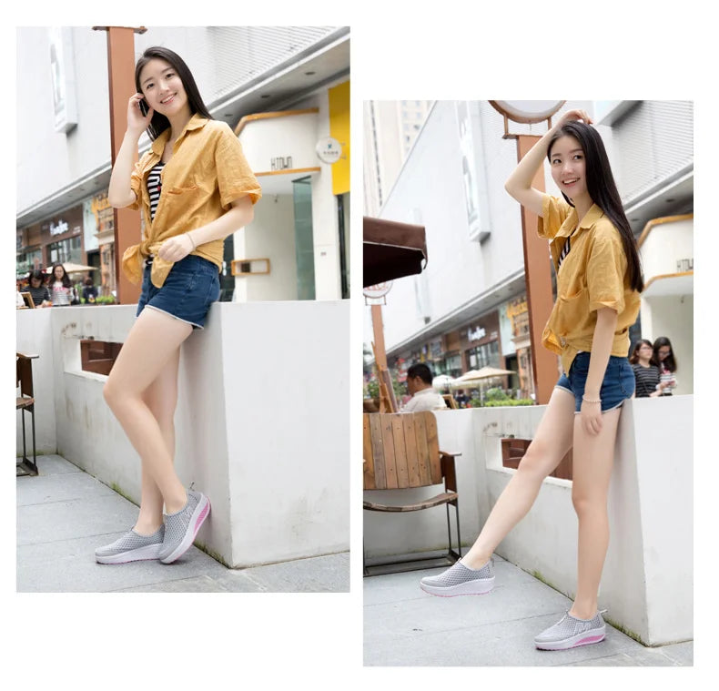 Women Mesh Flat Shoes Sneakers Women Swing Wedge Hollowed Out Slip-on Shoes Women Platform Breathable Lightweigt Vulcanization