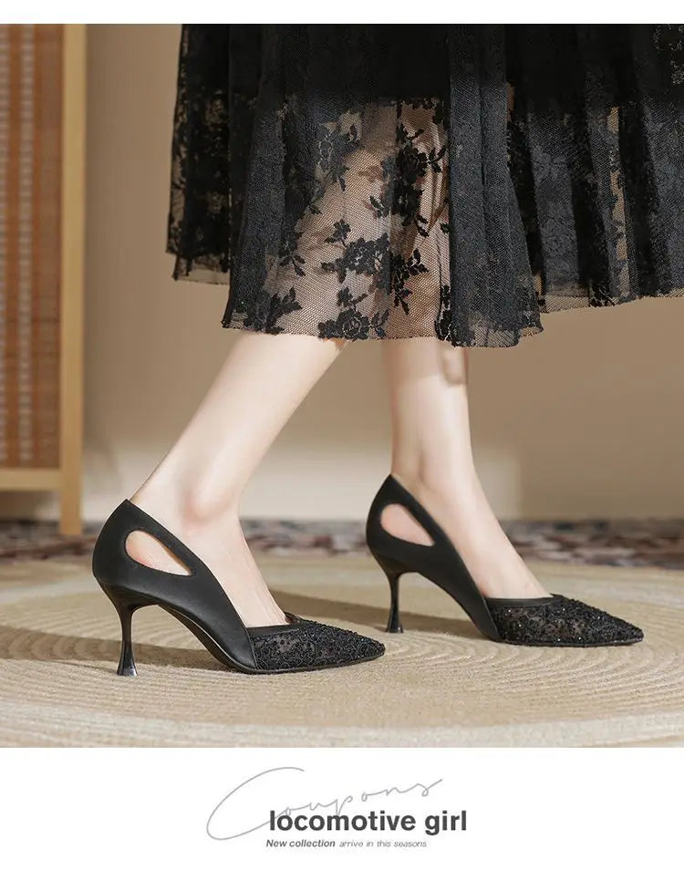 Comfortable High Heels for Women Summer 2026 New Pointed Toe Slim Heel Mesh Design Niche Popular Single Shoes