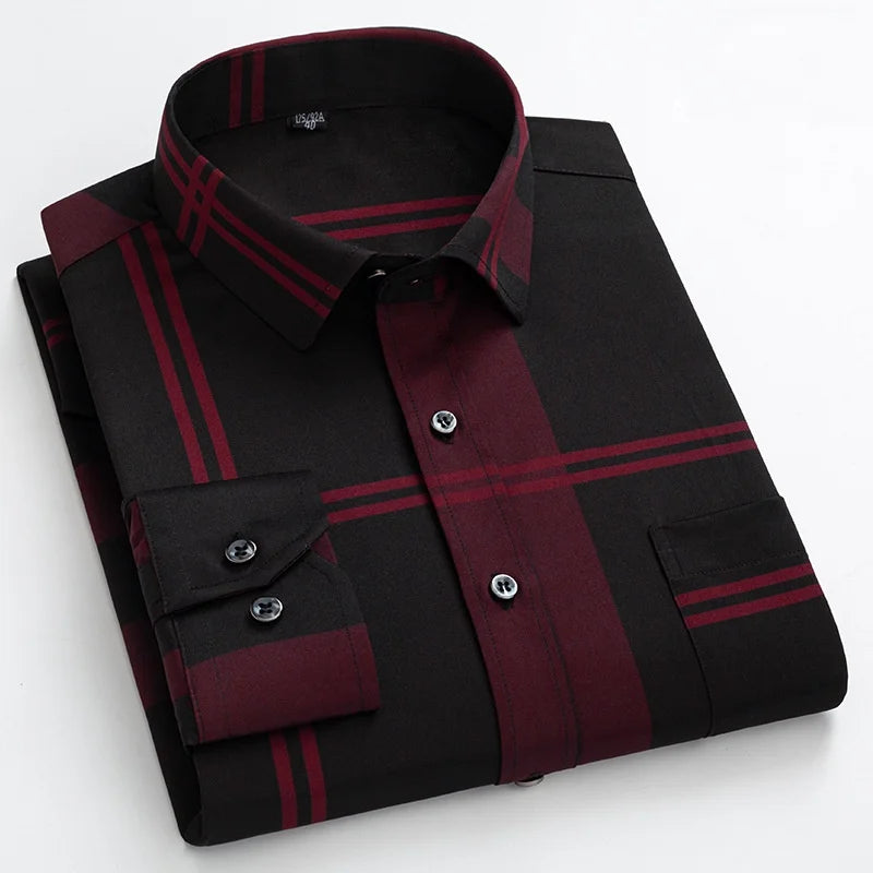 Men's Dress Shirts Spring Autumn Latest Hot Sale Non-iron Anti-wrinkle Business Casual Print Thin Plaid Slim Fit chemise homme