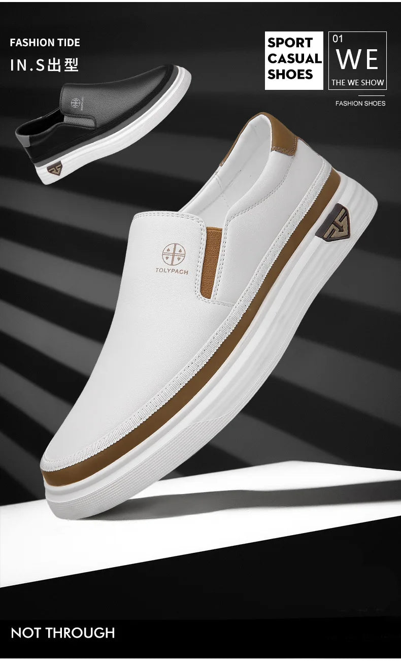 New 2025 Men's Genuine Leather Casual Sneakers Spring Summer Fashion Slip-On White Shoes Soft Sole Comfortable for Everyday Wear