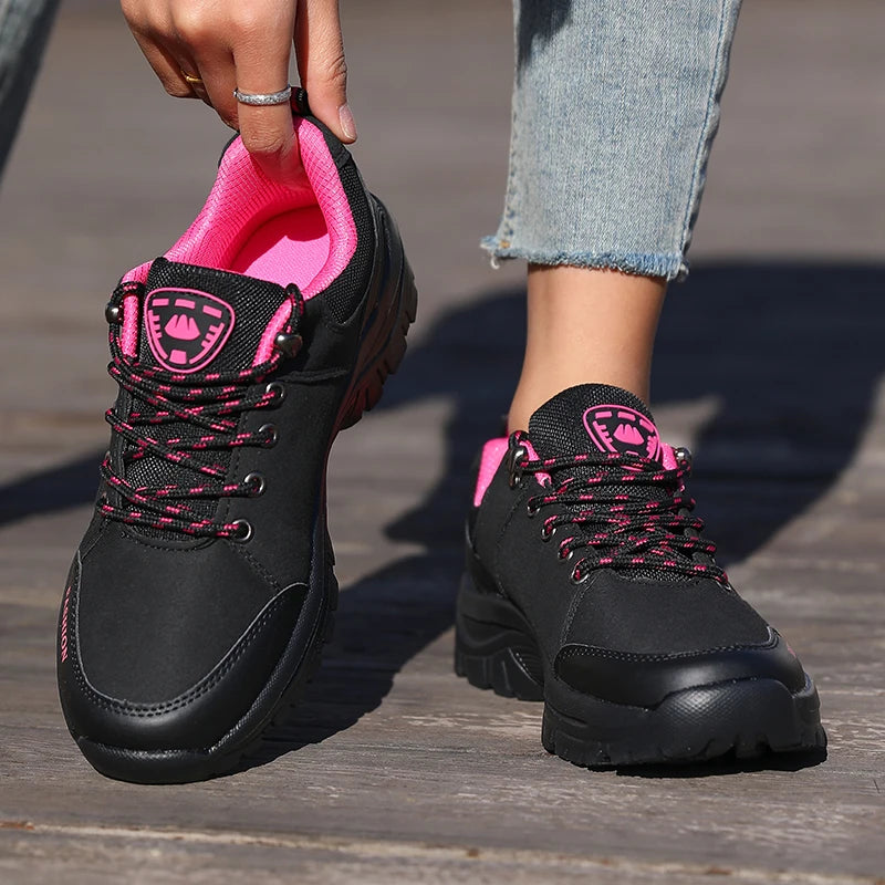 Ladies' Outdoor Hiking Shoes with Black and Pink Non Slip Soles Fashionable Sports Shoes Breathable Mesh Running Hiking Boots