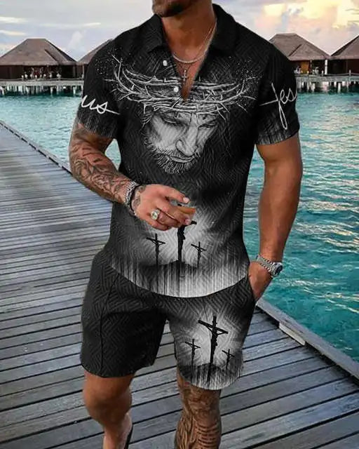 Men's Polo Tracksuit Set Summer Fashion Men Short Sleeve Zipper Polo Shirt&Shorts Set for Men Casual Streetwear 2 Piece Suit