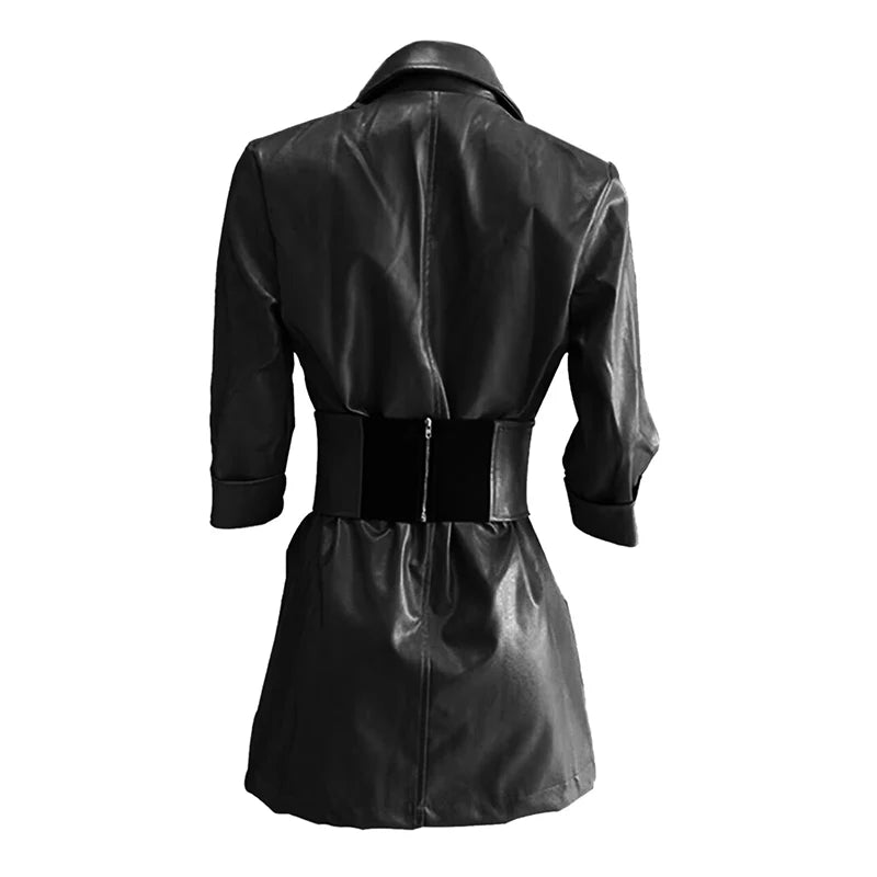 Elegant Leather Women's Dress Sexy V Neck Leather Mid Length PU Leather Waist Closure Dresses Trend Turn Down Dress With Belt