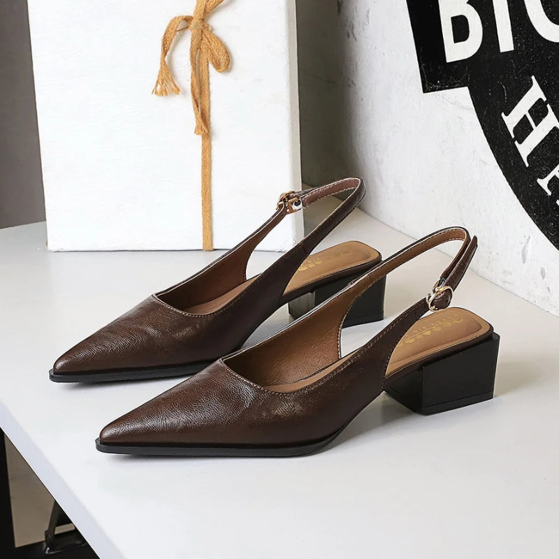Simple And High-End Women's Shoes With Thick Heels Shallow Mouth Pointed Toe Slim Pedicures With Empty Back Tripping Mid-Heeled