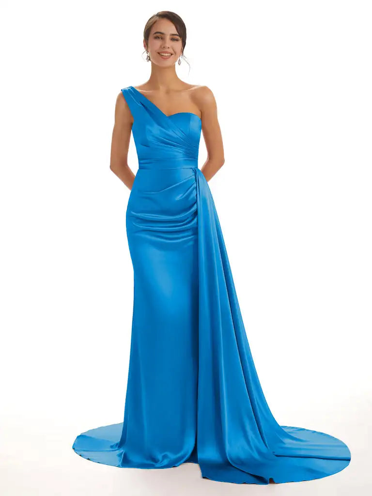 Satin One-Shoulder Bridesmaid Dresses Pleats Backless Sweep Train Formal Dress Elegant Sleeveless Bodycon Wedding Evening Gowns