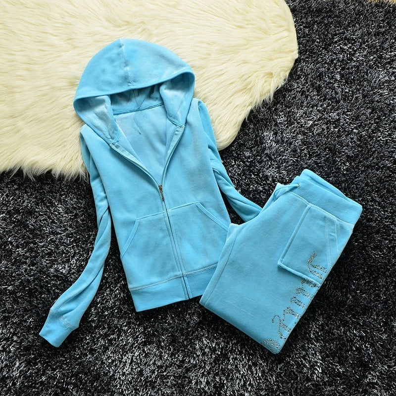 2 Pieces of Women's Outfit 2025 Fall Winter Women's Tracksuit Crystal Hoodies and Pant Sets Y2K Velvet Tracksuit