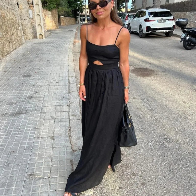 Sexy Black Corset Vacation Party Dress for Women Autumn Elegant Strap Backless Hollow Out Slit Cotton Holiday Long Dress