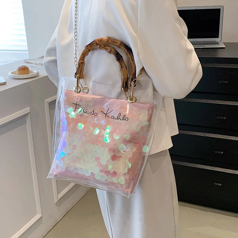 Large Capacity Women PVC Handbags High Quality Ladies Transparent Beach Tote Shoulder Messenger Bags Casual Chain Crossbody Bag