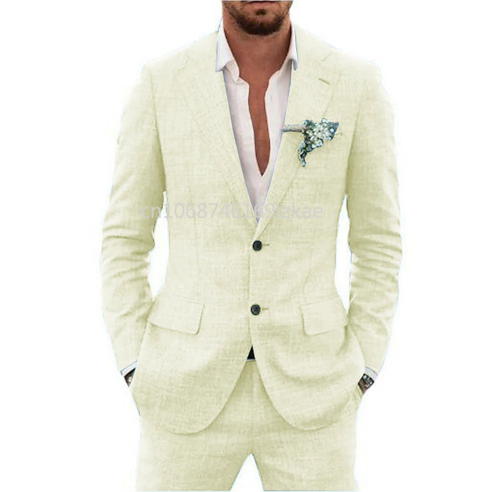 2024  Linen Suiting Fabric Full Men's Suit Lapel Collar Single-breasted 2 Piece Set Elegant Man Suits High Quality Blazer