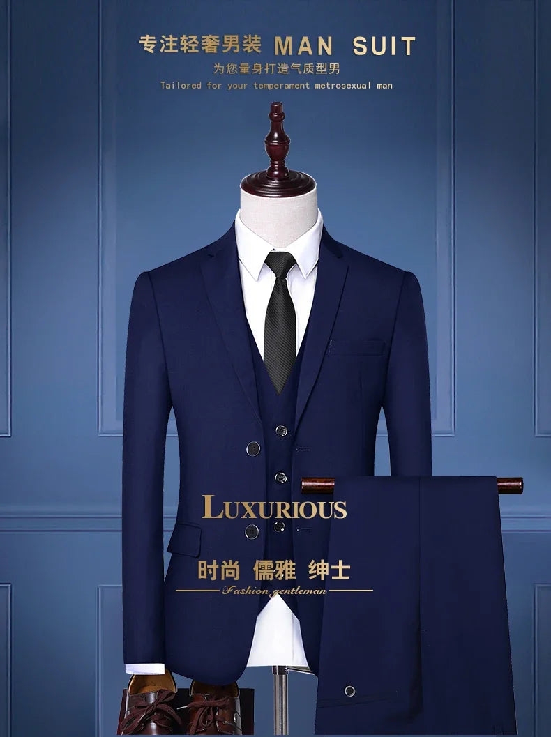 Suit Outdoor(Blazer+ Vest + Pants) Men's Formal Wedding Best Man Working Gentleman Fashion Slim Solid Color Business Office Suit