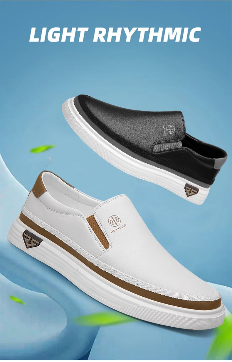 New 2025 Men's Genuine Leather Casual Sneakers Spring Summer Fashion Slip-On White Shoes Soft Sole Comfortable for Everyday Wear
