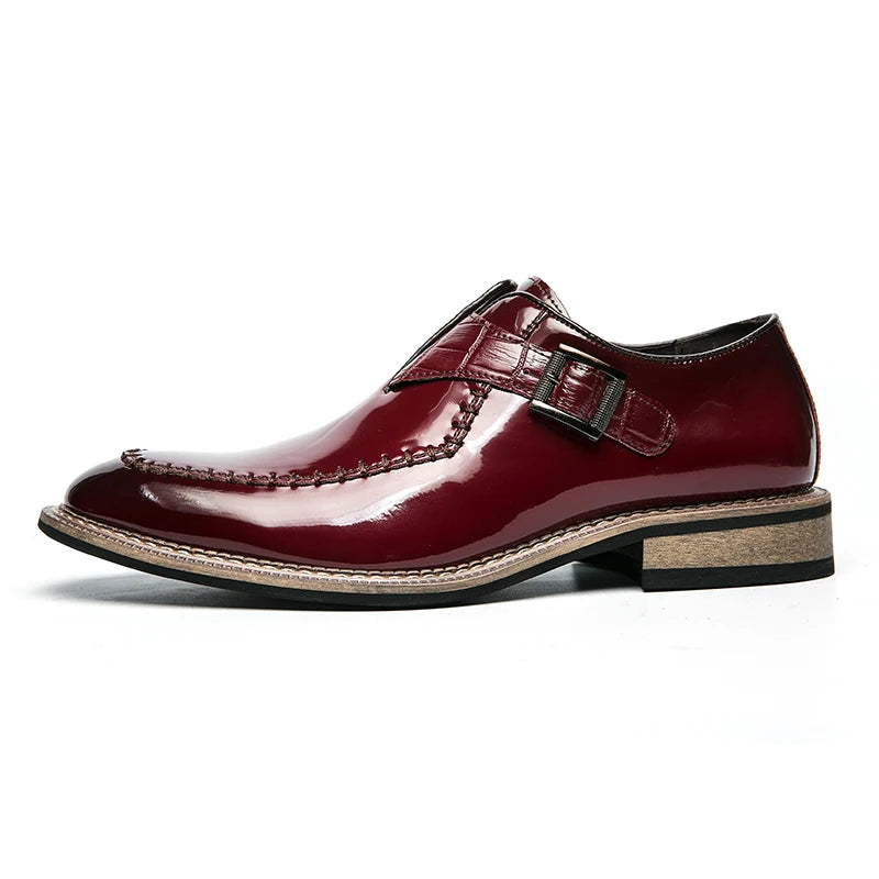 Red Men's Banquet Dress Shoes Luxurious Glossy PU Fashion Designer Leather Shoes Men's Commuting Wooden Heel Black Leather Shoes