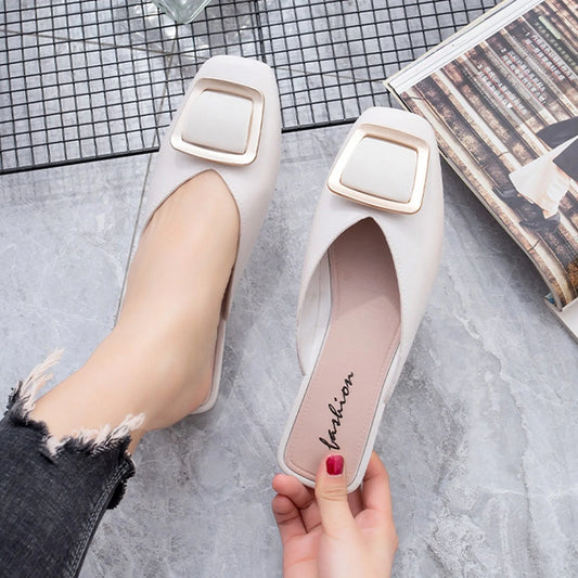 Slippers Women's Summer with New Fashion Square Toe Flats Sandals Shoes Muller Spring Flip Flops Slides Outdoor Work Ladies