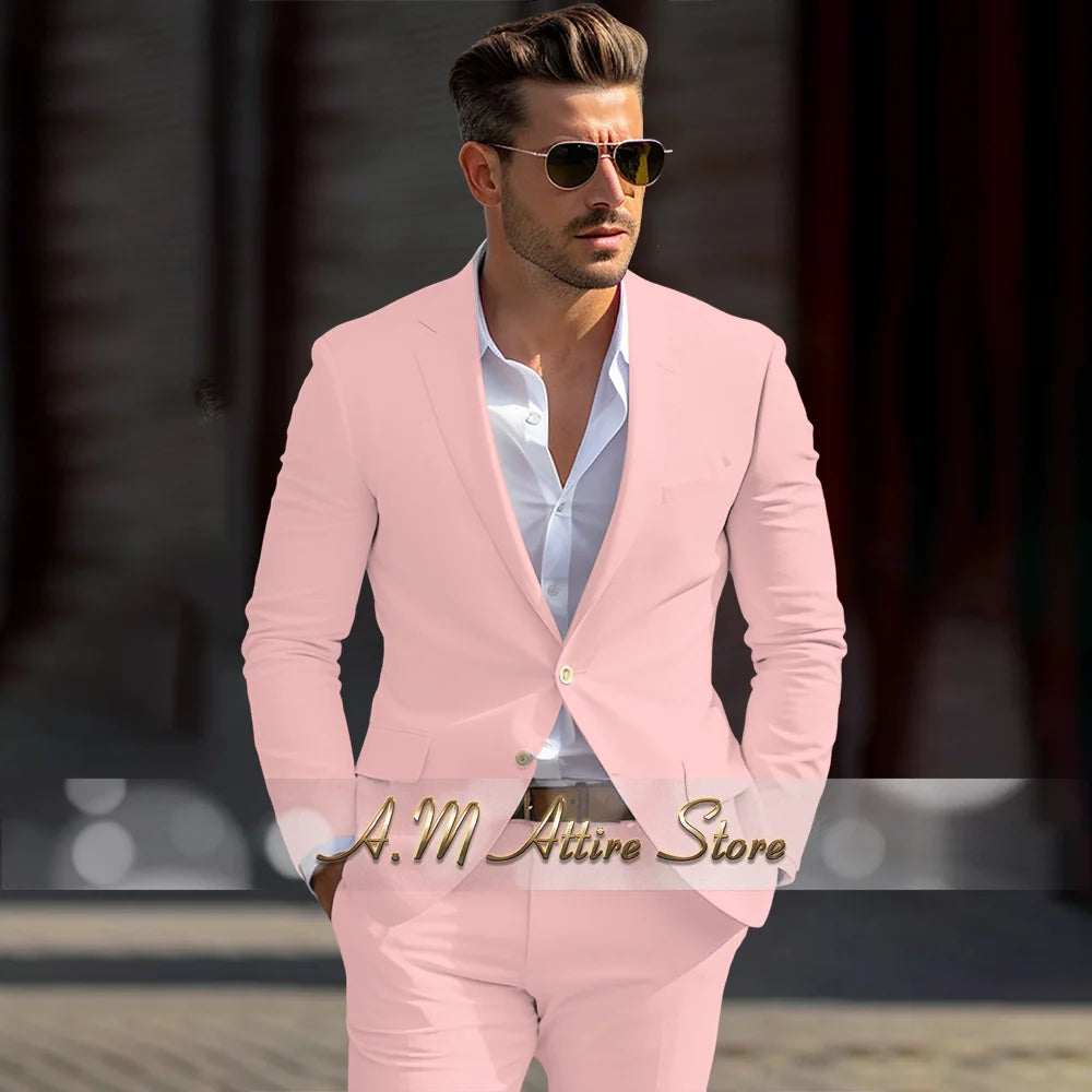 Men's linen suit 2-piece peak lapel jacket pants for summer beach wedding groom prom party tailor-made casual formal outfit