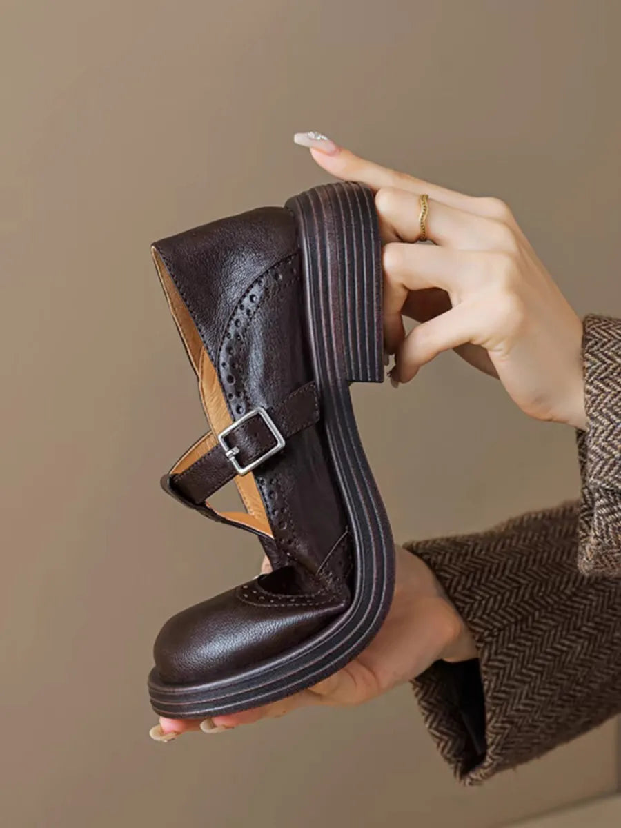 Women's Shoes T Strap Casual Vintage Lambskin Openwork Flower Flat Heel Loafers Women New Shoes Round Head  Leisure Daily Shoe