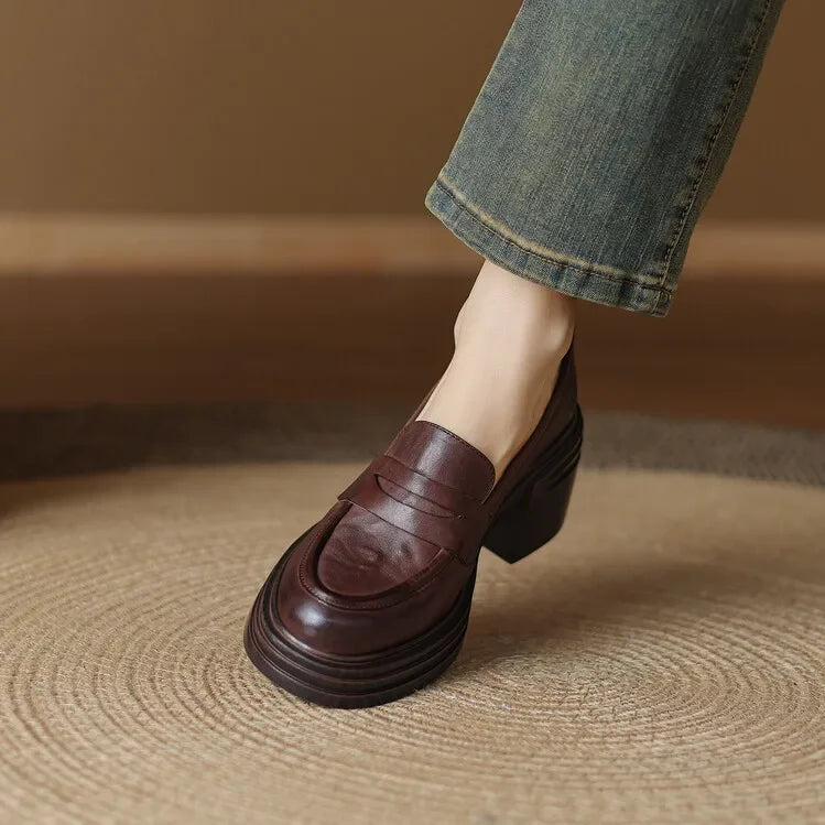 Women Chunky Heel Genuine Leather Wedge Shoes Woman Platform Pumps Female High Heel Zapatos Mujer Handmade thick sole Loafers