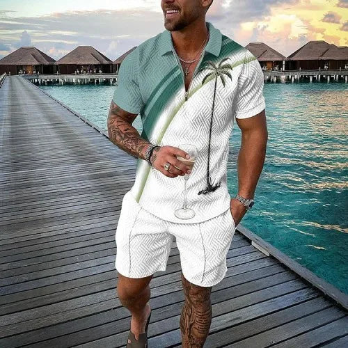 Men's Polo Tracksuit Set Summer Fashion Men Short Sleeve Zipper Polo Shirt&Shorts Set for Men Casual Streetwear 2 Piece Suit