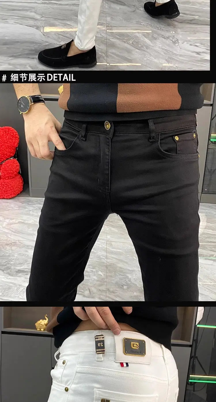 White Jeans Men's European Goods 2025 Summer New Fashion Motorcycle Boots Simple Slim Fit Elastic Versatile Small Feet Trousers
