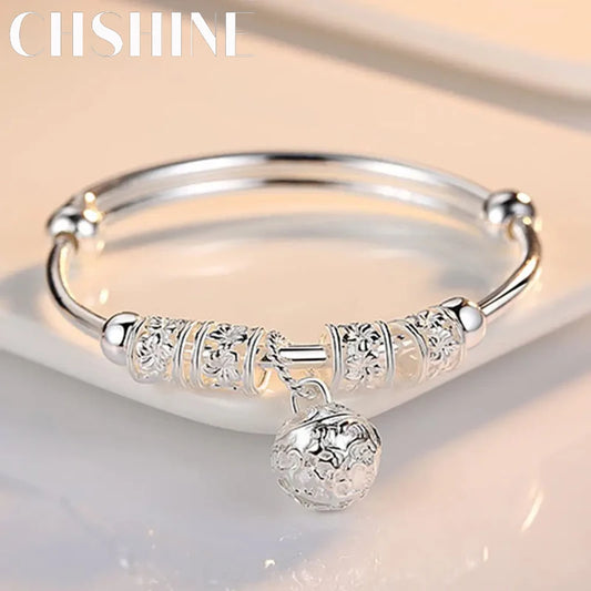 Fine 925 Sterling Silver hollow Bells ball bangles adjustable Bracelets for Women Fashion Holiday gifts Party wedding Jewelry