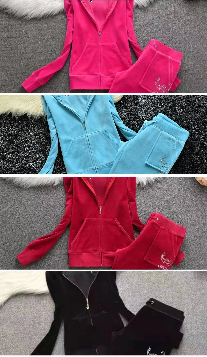 2 Pieces of Women's Outfit 2025 Fall Winter Women's Tracksuit Crystal Hoodies and Pant Sets Y2K Velvet Tracksuit