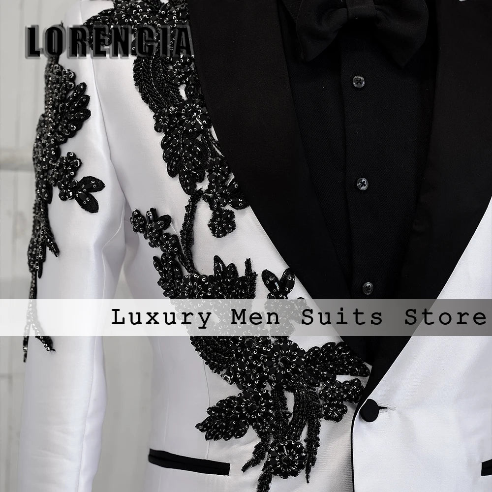Fashion Applique Suits for Men 2 Pieces Peaked Label Wedding Groom Tuxedos Prom Outfit Customized Blazer Pants trajes de novio