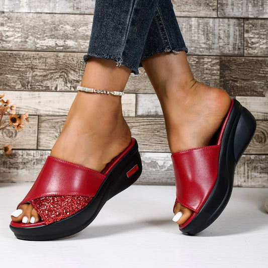 New Women's Slippers Summer Leather Shoes Thick Sole Soft Sole Slippers Fashion Outwear Platform Wedge Heel Women Slides
