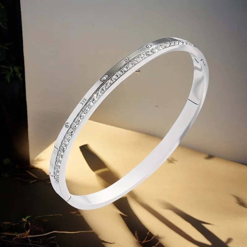 Silver Color Bangles Bracelet for Women Girls Titanium Steel 18K Gold Plated Waterproof Jewelry Luxury Sparkling Zircon Bangles
