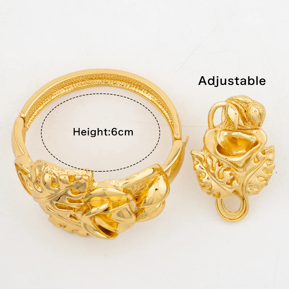4Set Luxury Bangle Ring For Women Dubai Gold Color Bracelet France Jewelry Set Arabic African Adjustable Ring Party Wedding Gift