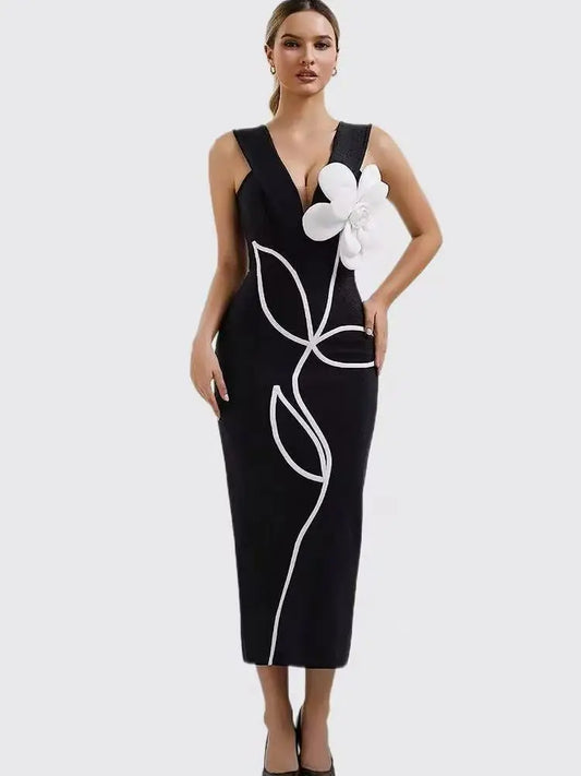 Women's Evening Dresses Sexy Strapless Tie White Flowers Bodycon Bandage Long Dresses Elegant Party Birthday Dresses