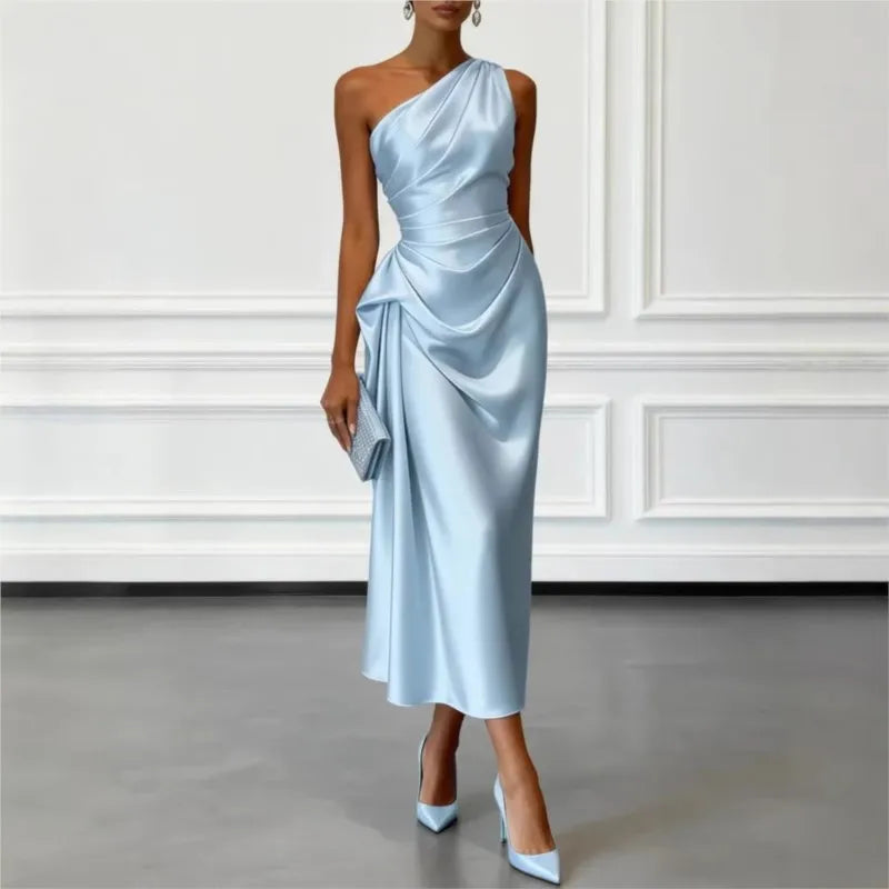 Fashion Sexy Dress Summer New High-end Satin Pleated Waist Sleeveless Banquet Evening Dresses For Women Robe Femal Vestidos 2026