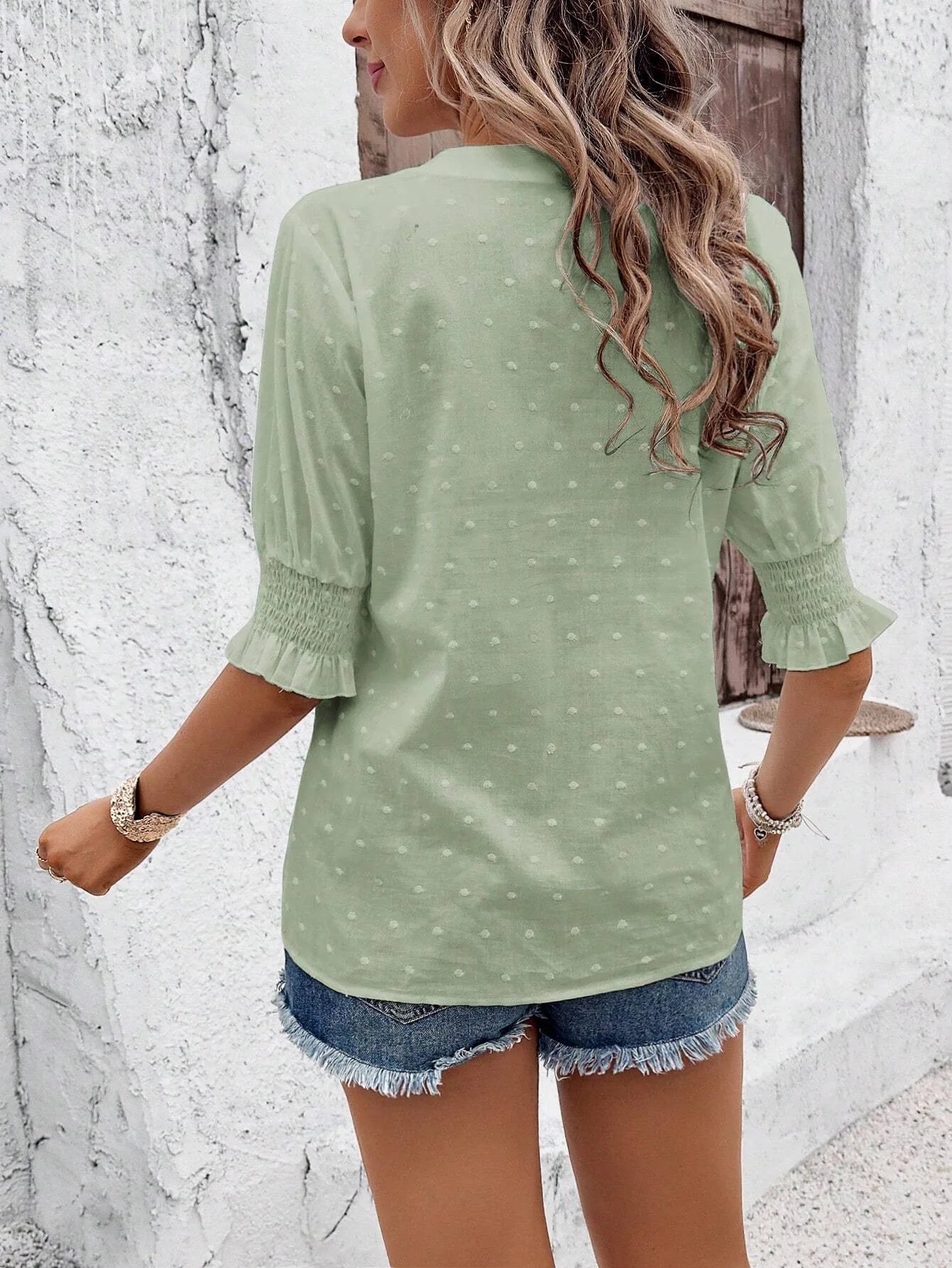 Women's Blouse Floral Embroidery Lace Summer Casual Solid Color Swiss Dot Eyelets V-neck Puff Shirred Half Sleeve T-shirt Tops