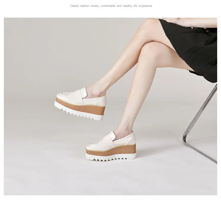 8cm Heeled Platform Wedges Shoes Womens High Heels Casual Lazy Shoes Square Toe Wedge Creepers Pumps Damen Black