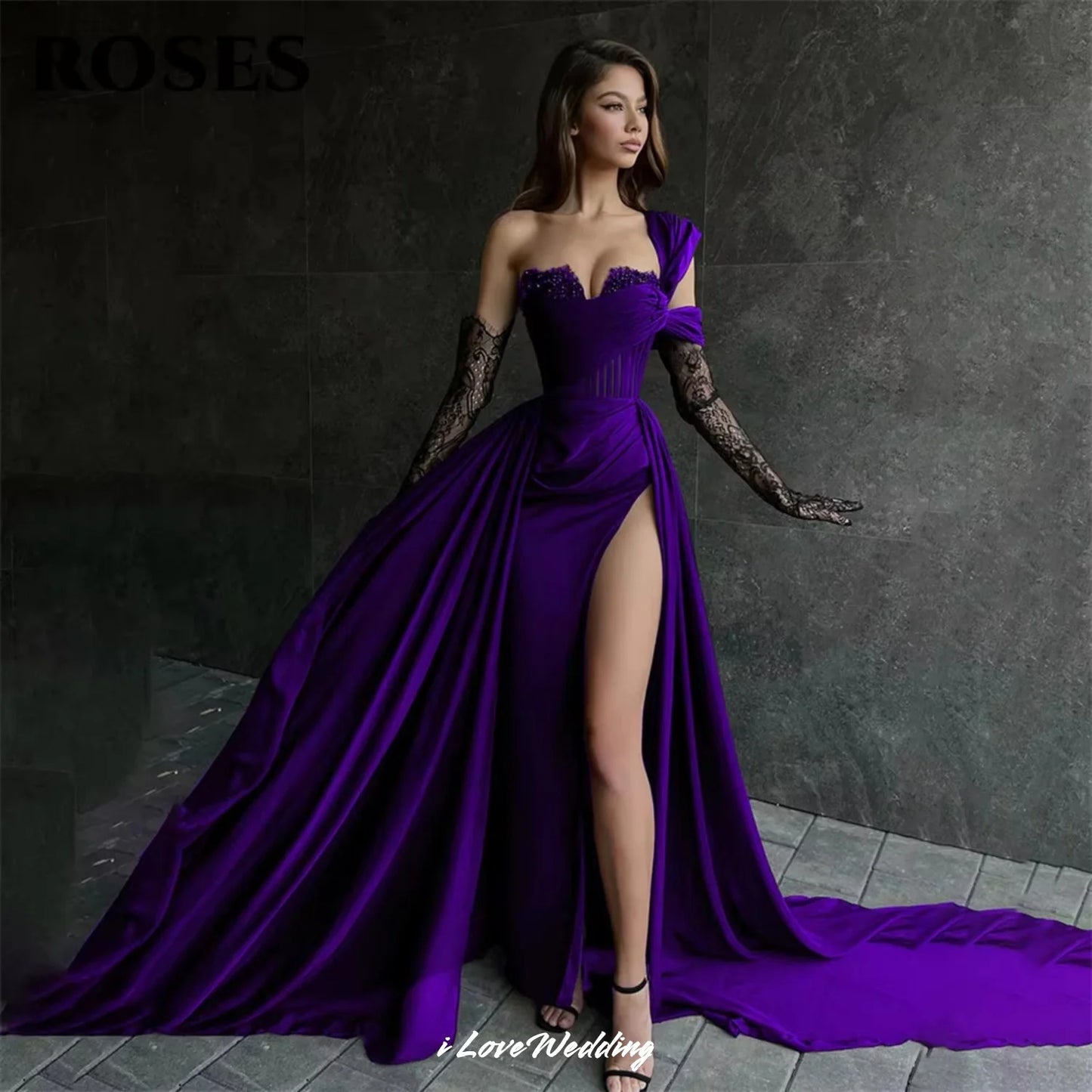 Red Soft Stain Evening Dresses One Shoulder 2025 Prom Dresses Sweetheart Side Split Detachable Lace Sleeve Dress Customized