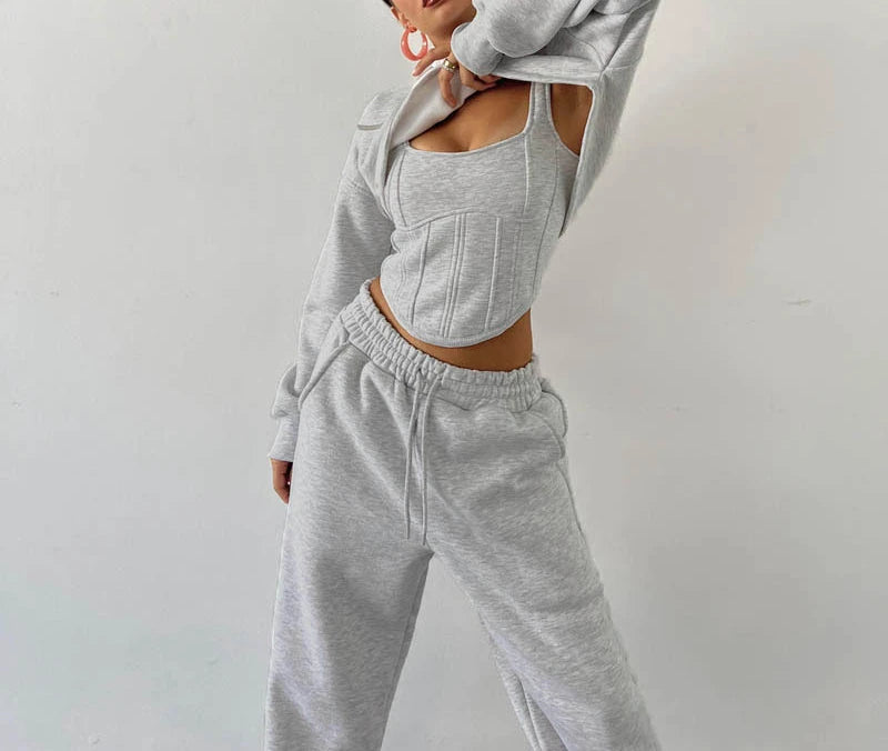 Sweat Suit Set Women Hoodies Three 3 Pieces Outfit Pants Sets Casual Loose Winter Warm Tracksuits 2 Two Pieces Solid Sportswear