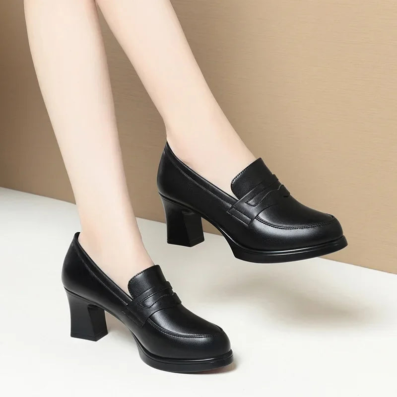 High Heels for Women 2025 Spring Slip on Pointed Toe Platform Heels Chunky Loafers Woman Black PU Leather Uniform College Shoes